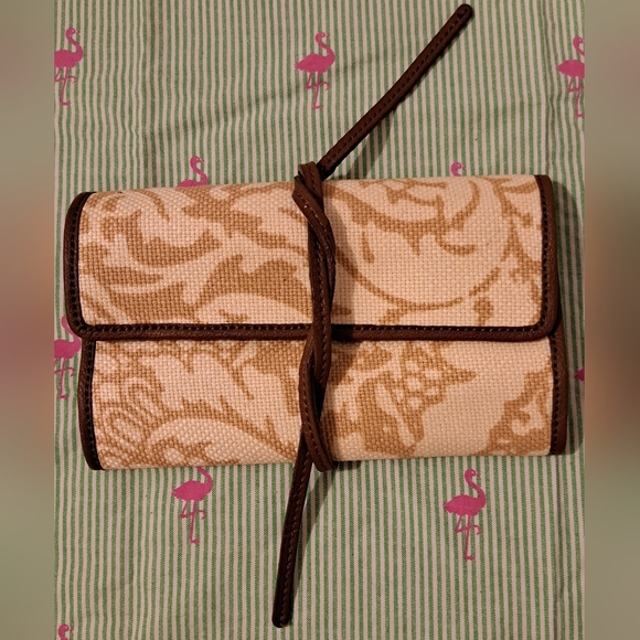 Spartina 449 Leather & Linen Boho Neutral Jewelery Travel Vacation Case Pouch - Picture 1 of 8